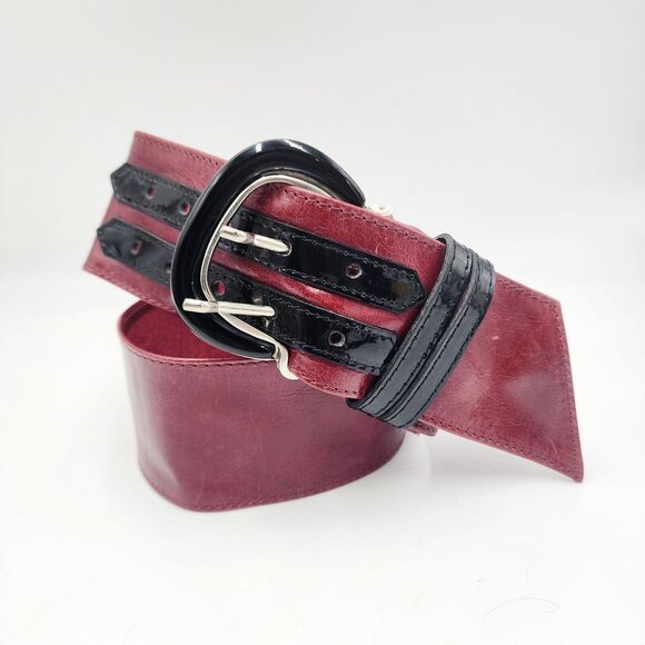 Italian Wide De Lonti Leather Belt Red Maroon Black Patent Stripes Sz M 31-35\